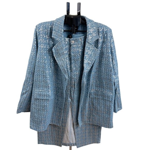 Boohoo Light Blue Sequin Tweed Jacket & Skirt Set – Oversized Blazer Midi Skirt - Picture 1 of 11
